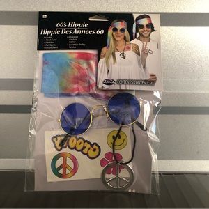 New Halloween 60s Hippie Costume Accessories Head Scarf Specs Necklace Tattoos